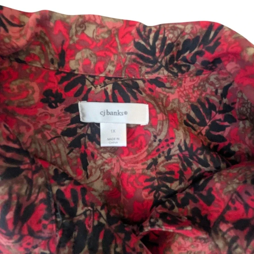CJ Banks Womens 1X Red Black Floral Paisley Button Up Jacket Stretch Cottagecore